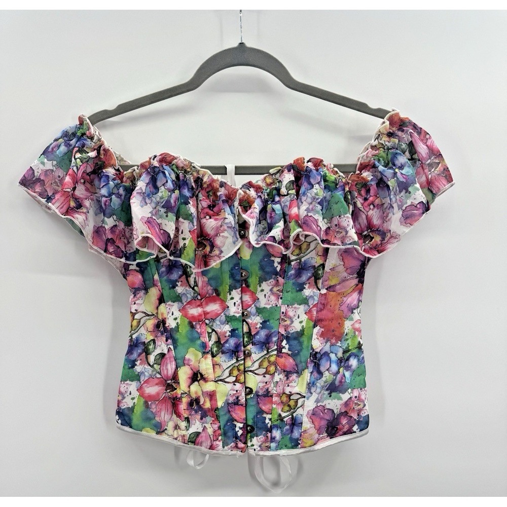 Womens Small Corset Top Floral Ruffle Lace Up Garden Fairy Ethereal Ren Faire